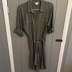 Green Button-Up Dress with Belt